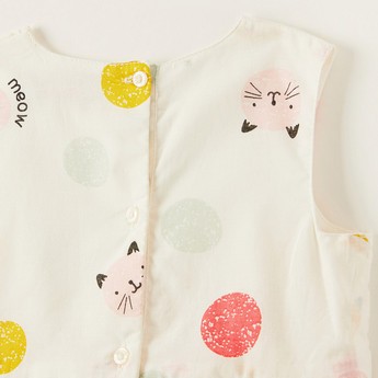 Juniors All-Over Cat Print Sleeveless Dress with Round Neck