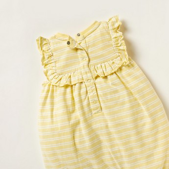 Juniors Striped Sleeveless Romper with Ruffle Detail and Button Closure