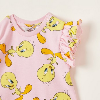 Tweety Printed Round Neck Knit Dress with Cap Sleeves