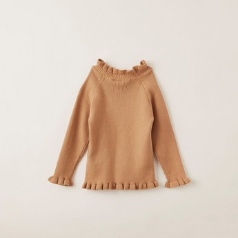 Juniors Solid Pullover with Long Sleeves and Ruffle Detailed Neck