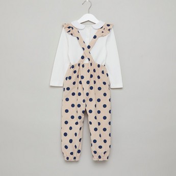 Giggles Solid Long Sleeves T-shirt with Polka Dot Print Dungarees