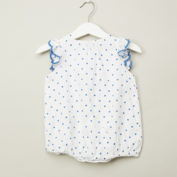 Giggles Polka Dot Print Romper with Round Neck and Frill Cap Sleeves