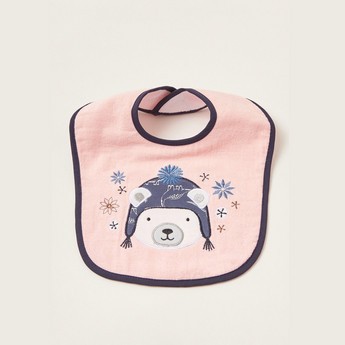 Juniors Peach Bear Embroidered Terry Bib with Snap Closure