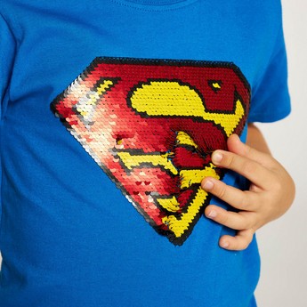 Embellished Superman Print T-shirt with Crew Neck and Short Sleeves