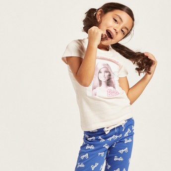 Barbie Print T-shirt and Contrast Full-Length Pyjama Set