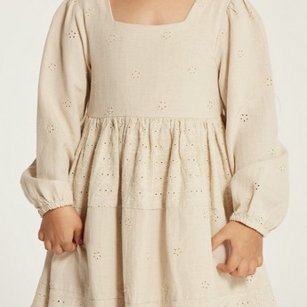 Schiffli Textured A-line Dress with Long Sleeves
