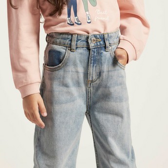 Juniors Solid Denim Pants with Pockets and Button Closure