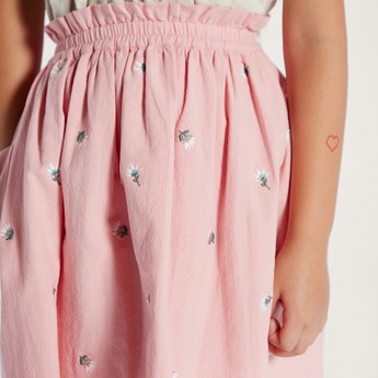 Floral Embroidered Skirt with Elasticated Waistband and Pockets