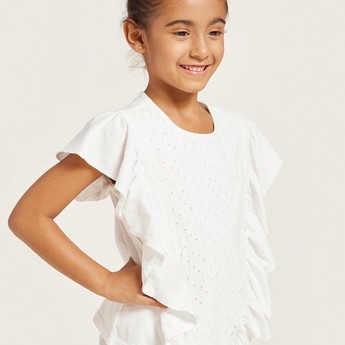 Ruffle Detailed Crew Neck Top with Short Sleeves