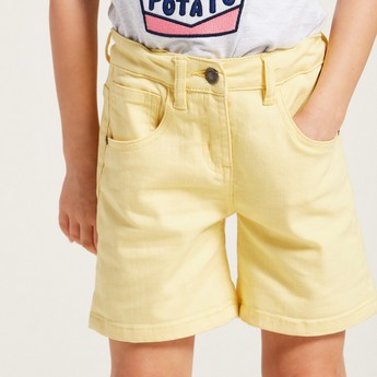 Juniors Solid Denim Shorts with Pockets and Button Closure