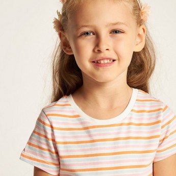 Juniors Striped Drop Waist Dress with Round Neck and Short Sleeves