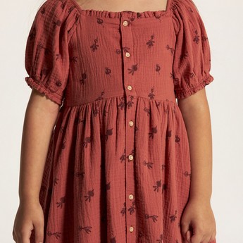 Embroidered Square Neck A-line Dress with Short Sleeves