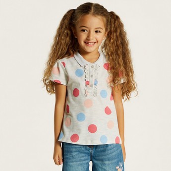 Juniors Polka Dot Polo T-shirt with Ruffles and Short Sleeves