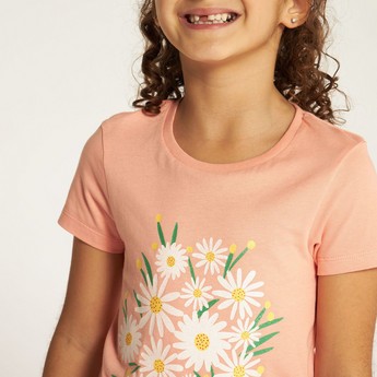 Juniors Floral Print Round Neck T-shirt with Short Sleeves