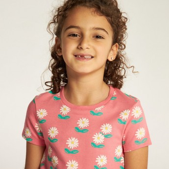 Juniors Floral Print Round Neck T-shirt with Short Sleeves