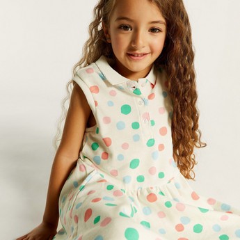 Juniors Printed Sleeveless Polo Dress with Button Closure