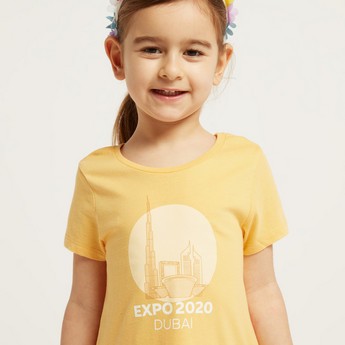 Expo 2020 Printed Drop Waist Dress with Round Neck and Short Sleeves