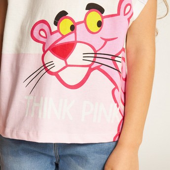 Pink Panther Print T-shirt with Extended Sleeves and Round Neck