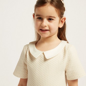 Textured Pleated Dress with Peter Pan Collar and Short Sleeves