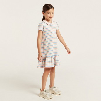 Juniors Striped Tiered Dress with Short Sleeves and Polo Neck