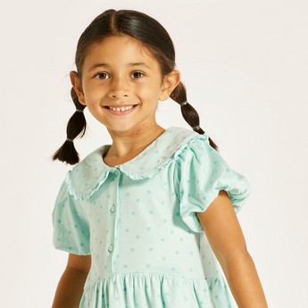 Juniors Printed Dress with Peter Pan Collar and Button Closure