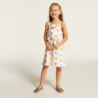 Juniors Butterfly Print Sleeveless Dress with Waist Tie-Up Belt