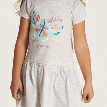 Juniors Printed Dress with Round Neck and Short Sleeves