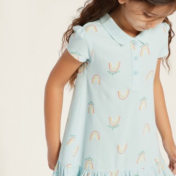 Juniors Printed Polo Dress with Cap Sleeves and Button Closure