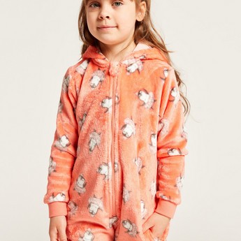 Juniors All-Over Printed Hooded Onesie with Long Sleeves and Zip Closure