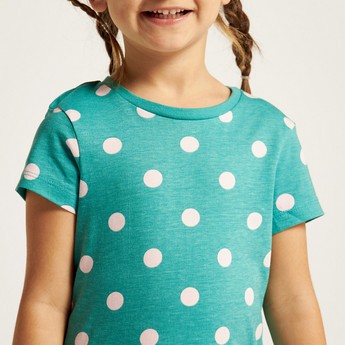 Juniors Polka Dots Print Round Neck T-shirt with Short Sleeves