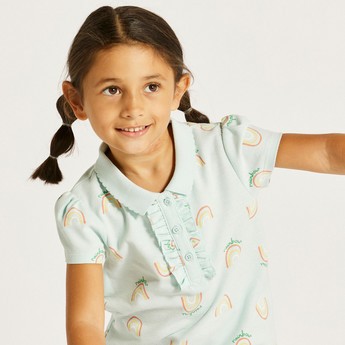 Juniors Printed Polo T-shirt with Short Sleeves and Button Closure