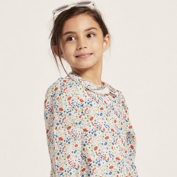 Floral Print Top with Peter Pan Collar and Long Sleeves