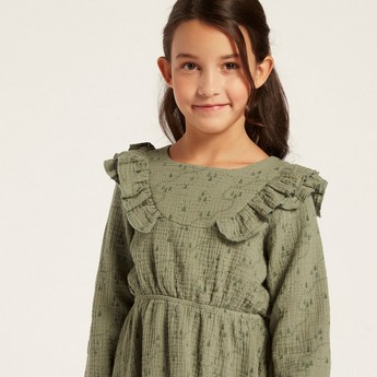 Love Earth Printed Organic Dress with Long Sleeves and Ruffle Detail