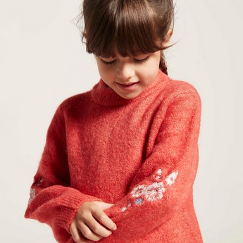 Eligo Textured Pullover with Long Sleeves and Floral Embroidery