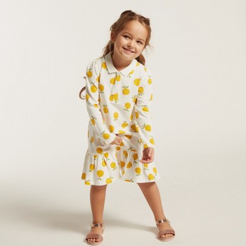 Juniors All-Over Printed A-Line Dress with Long Sleeves