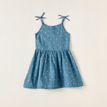 Juniors Heart Print Sleeveless Dress with Button Closure