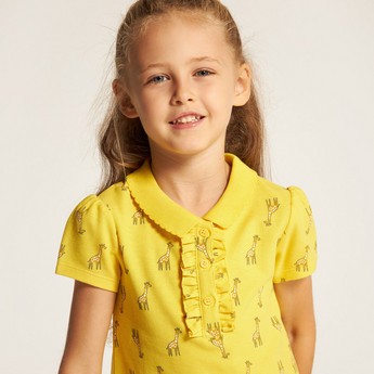 Juniors Giraffe Print Polo T-shirt with Ruffles and Short Sleeves