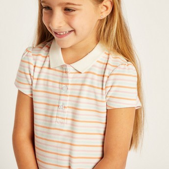 Juniors Striped Polo Dress with Flounce Hem and Short Sleeves