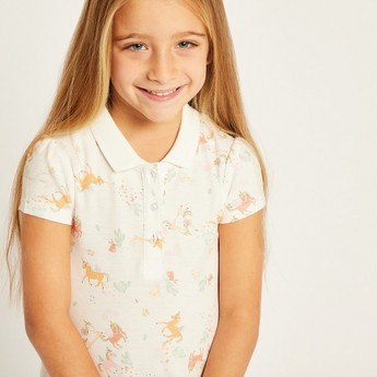 Juniors Printed Polo Dress with Flounce Hem and Short Sleeves