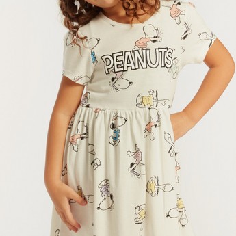 All-Over Snoopy Print Shift Dress with Short Sleeves