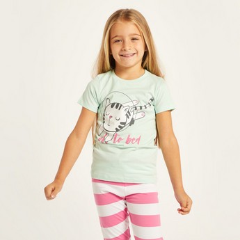 Juniors Printed Crew Neck T-shirt and Full Length Striped Pyjama Set