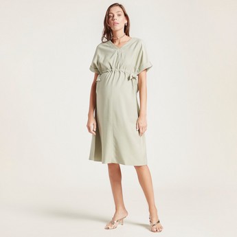 Love Mum Solid Twill Dress with Short Sleeves and Side Tie-Up