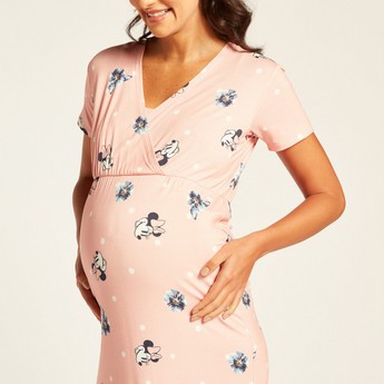 Love Mum Minnie Mouse Print V-neck Maternity Dress with Short Sleeves