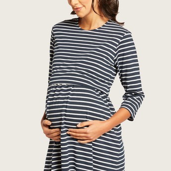 Love Mum Striped Maternity Dress with Round Neck