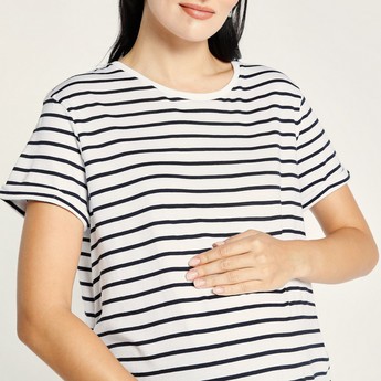 Love Mum Striped Round Neck Maternity T-shirt with Short Sleeves