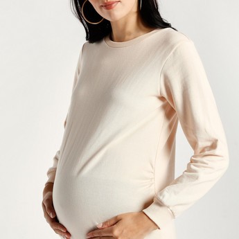 Love Mum Solid Maternity Sweatshirt with Round Neck and Long Sleeves