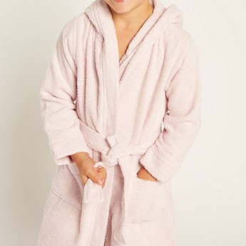 Juniors Textured Long Sleeves Bathrobe with Hood and Tie-Up Belt