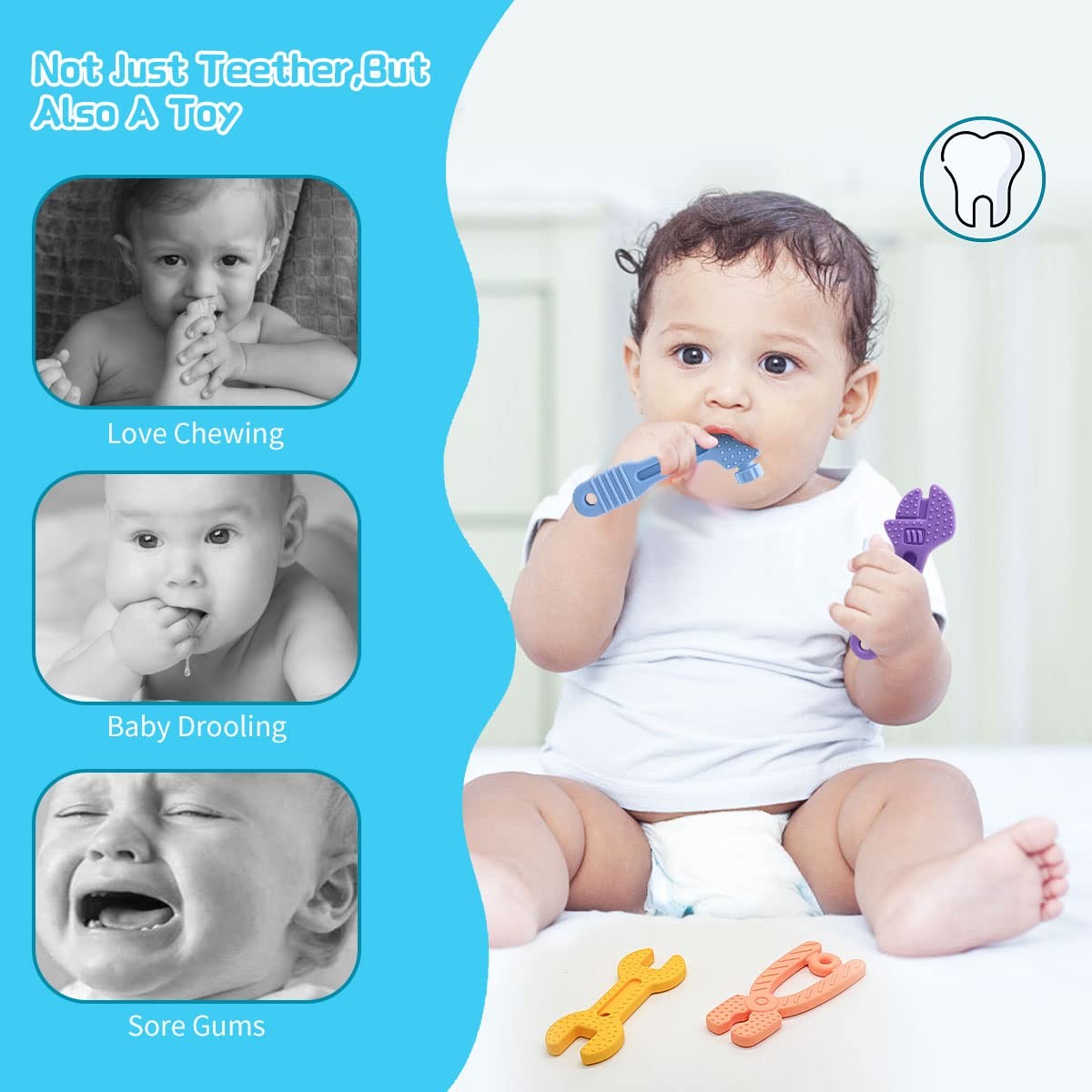 Baby Teething Silicone Toys Kit BPA Free Infant Molar Teether Toys for 0-1-2 Years 0-12-24 Months Hammer Saw