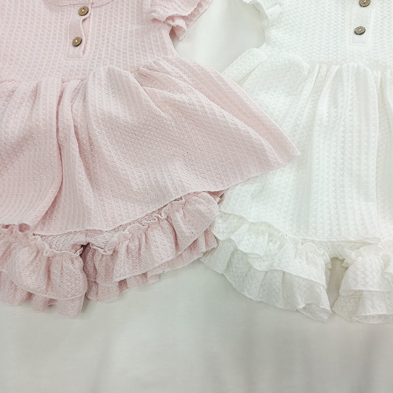 Fashion Baby Dress Clothes Set Newborn Cotton Waffle Princess Girls Top Flying Sleeves Buttons Ruffles A-Line Dress Shorts Set