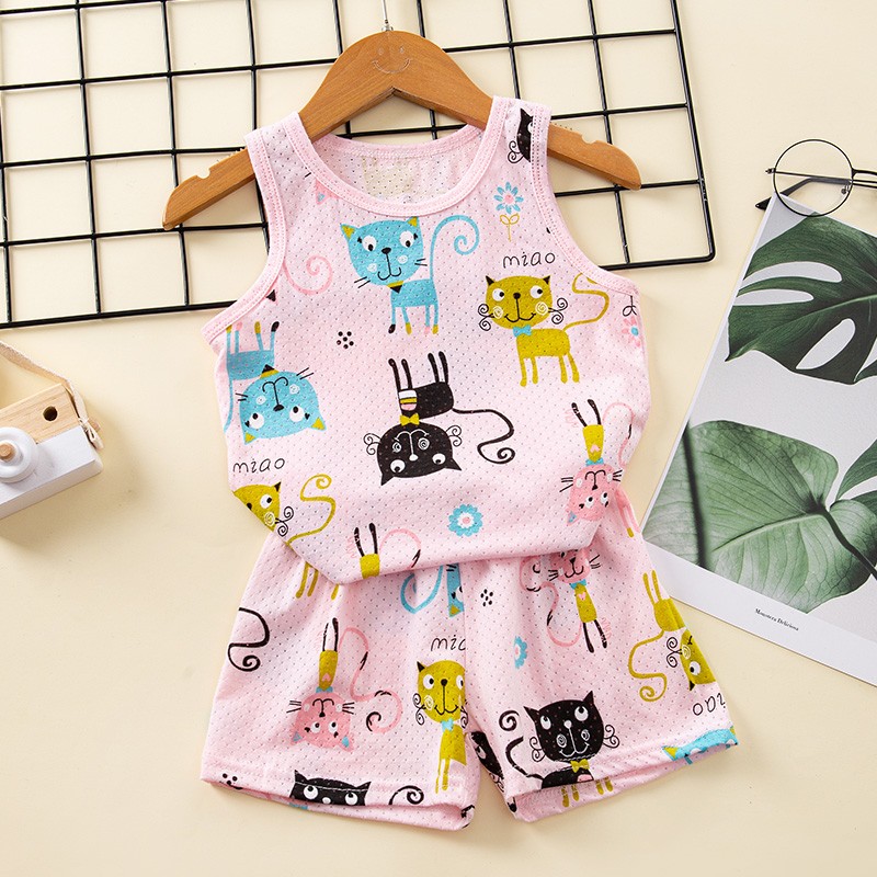 Baby Kids Pajamas Sets Cotton Boys Pajamas For Girls Sleeveless Hollow Dinosaur Tshirt Short Summer Pajama Suit Children Clothes